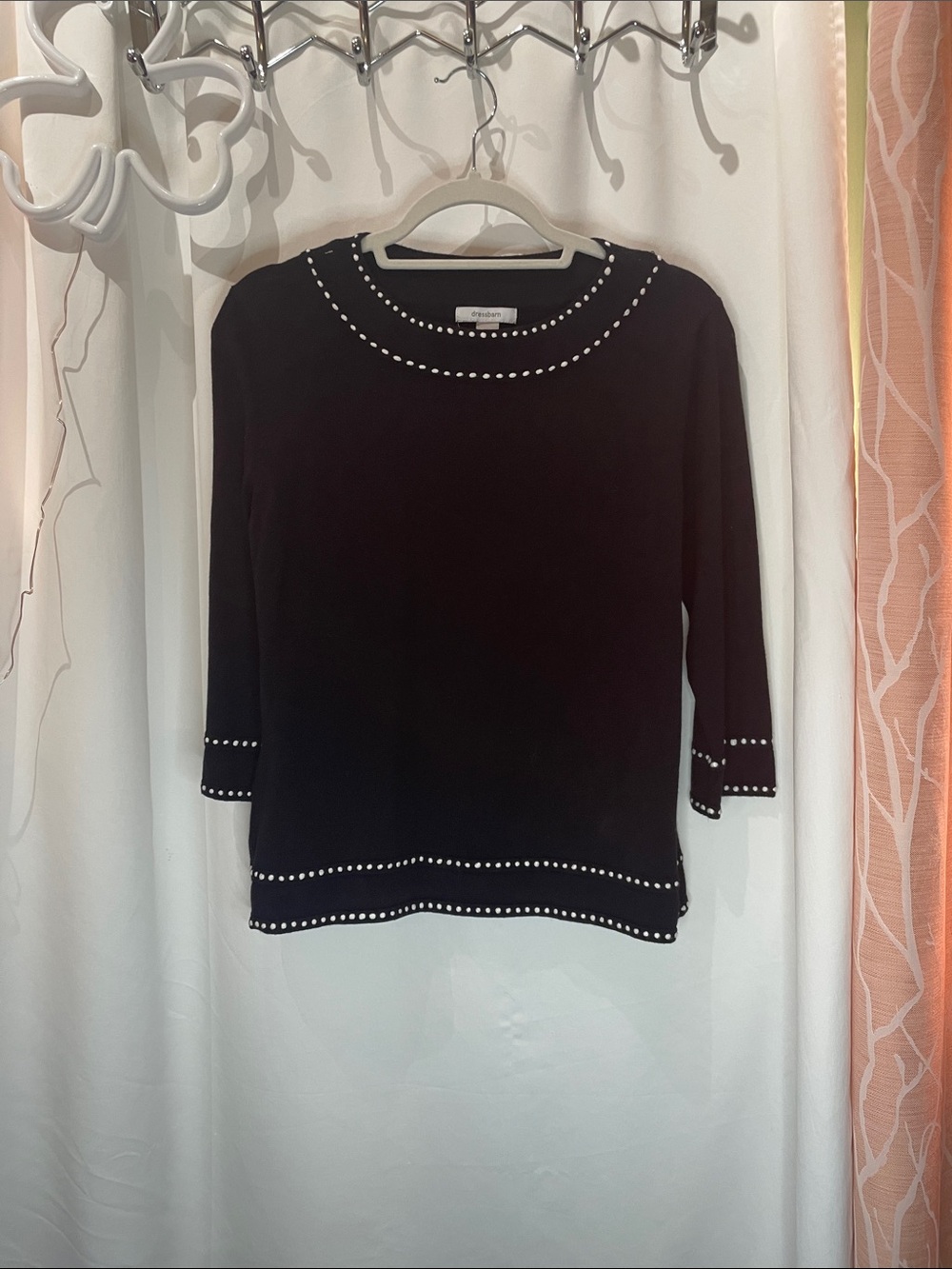 dressbarn Black Knit Top with white striped trim Accents
